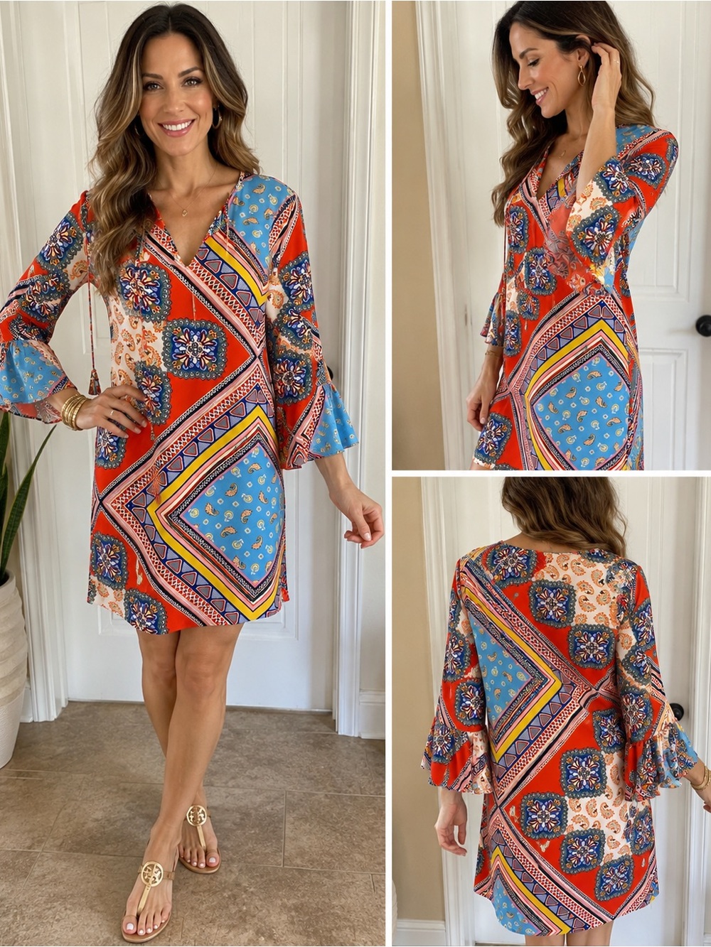 JADE Melody Tam Dress Bell Sleeve Colorful NWOT small